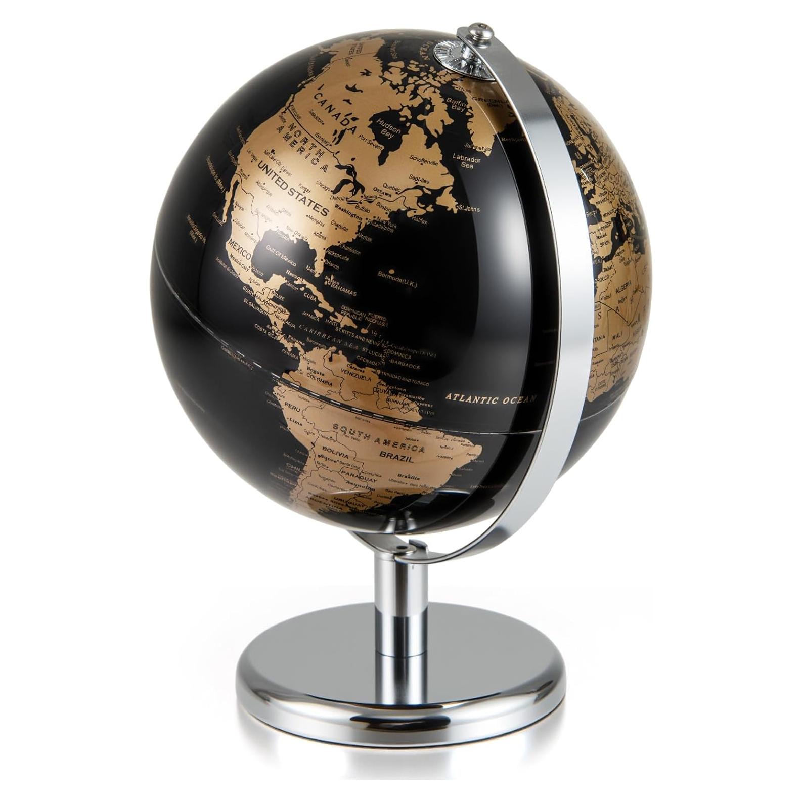 Globo Terráqueo 20 cm Negro con Detalles Dorados - Soporte Metal
