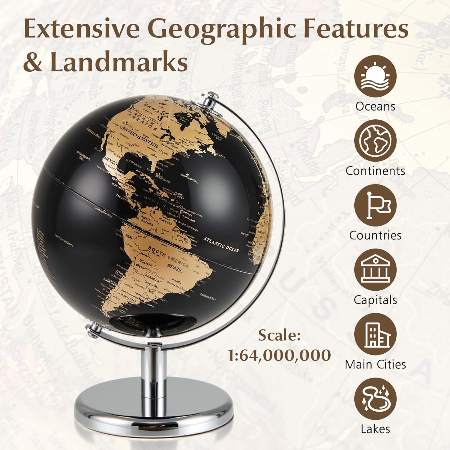 Globo Terráqueo 20 cm Negro con Detalles Dorados - Soporte Metal