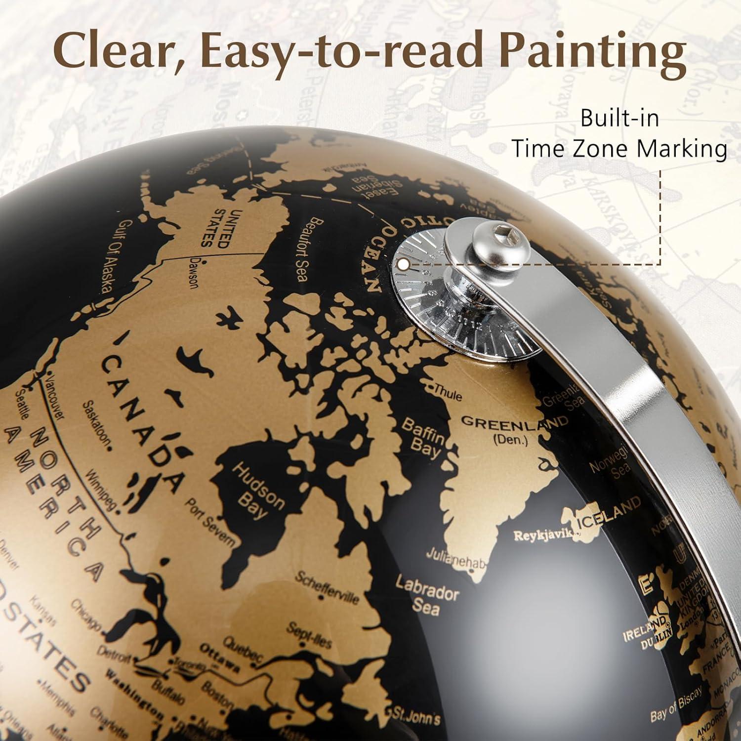 Globo Terráqueo 20 cm Negro con Detalles Dorados - Soporte Metal