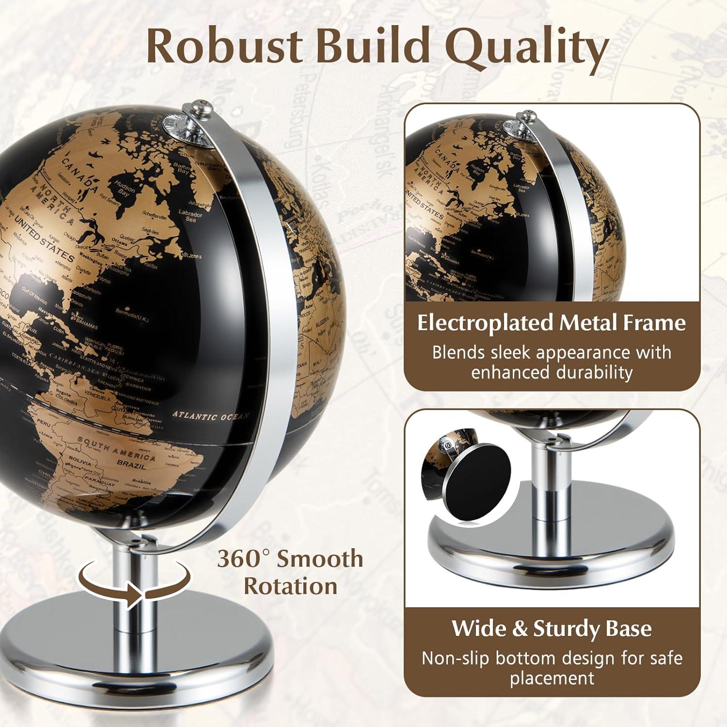 Globo Terráqueo 20 cm Negro con Detalles Dorados - Soporte Metal