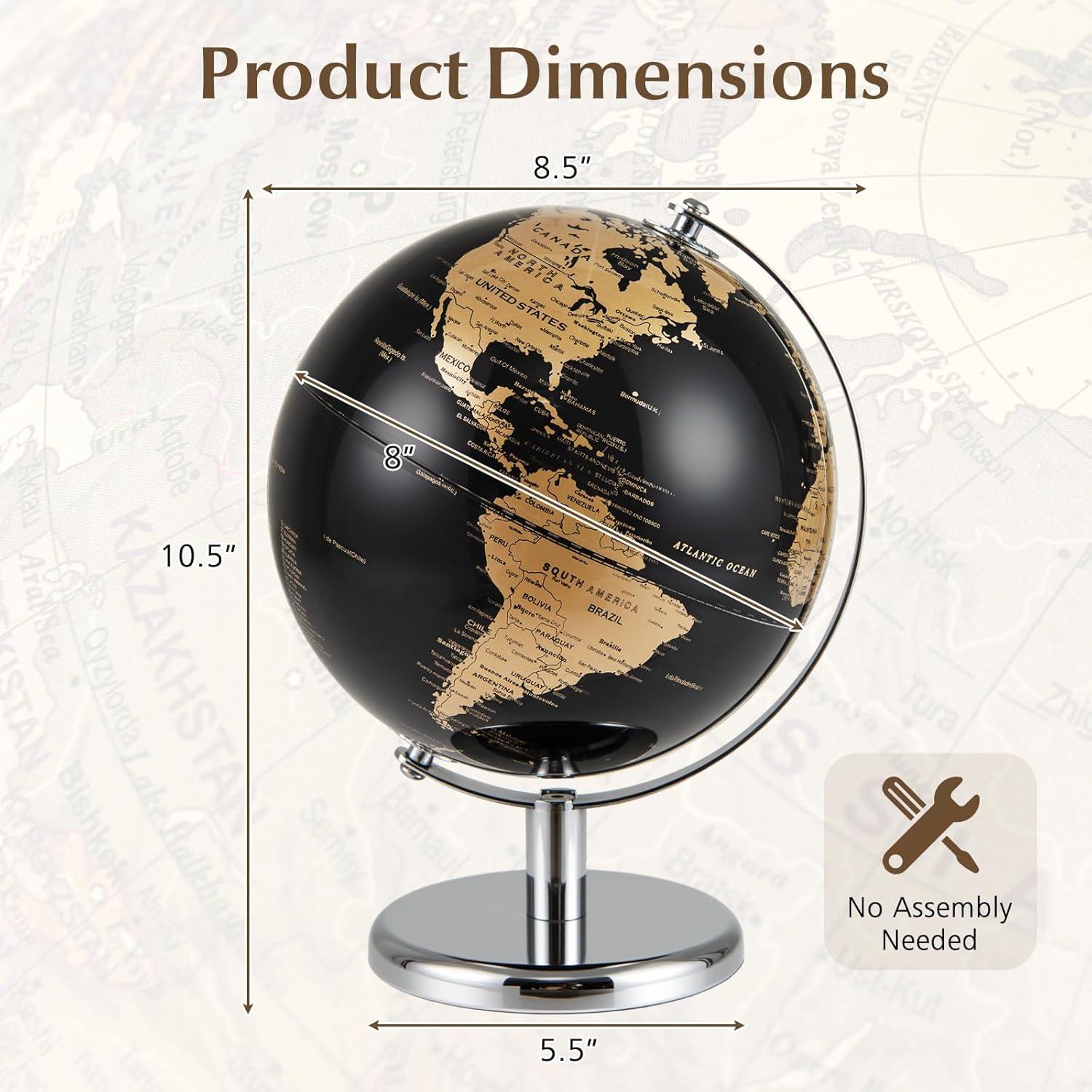 Globo Terráqueo 20 cm Negro con Detalles Dorados - Soporte Metal