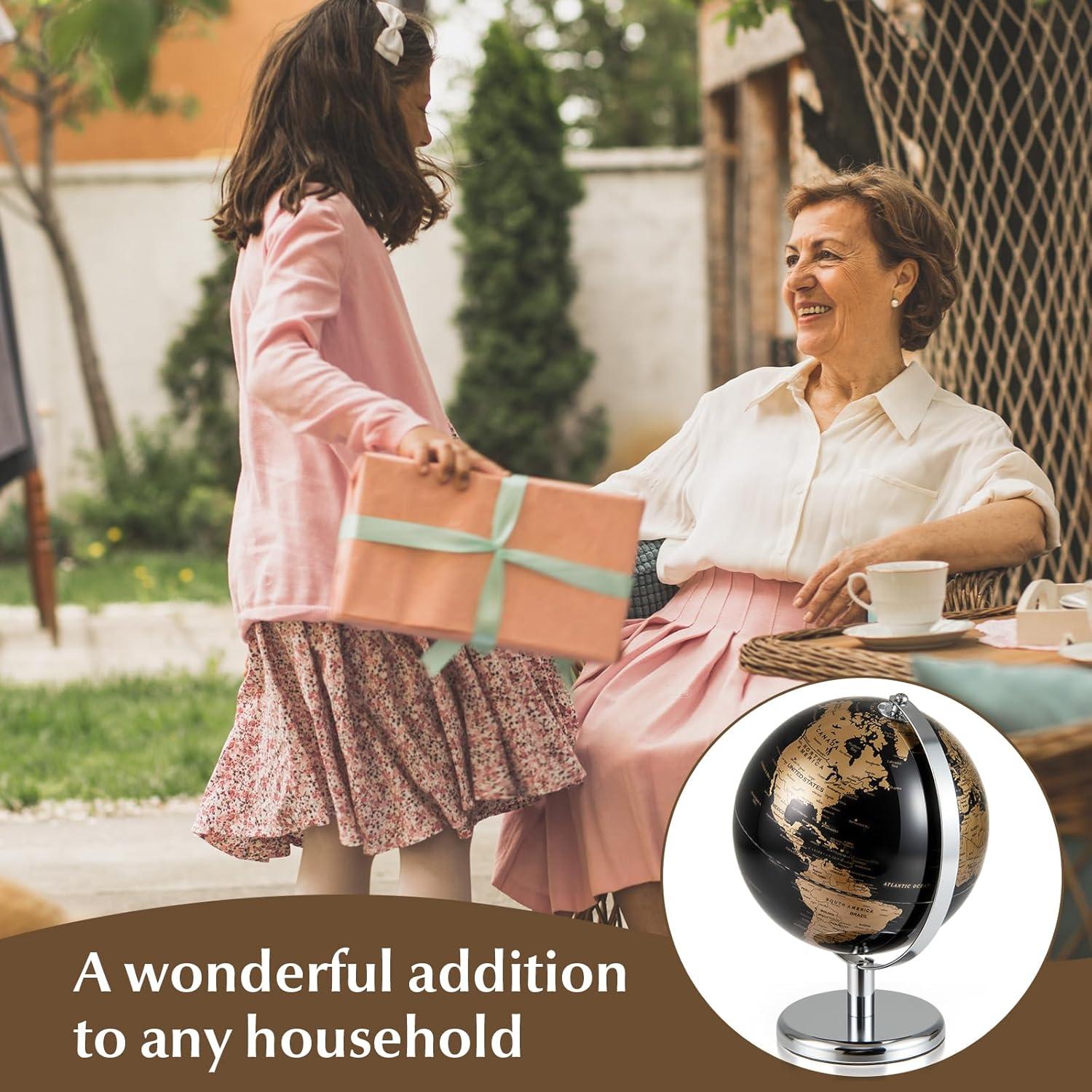 Globo Terráqueo 20 cm Negro con Detalles Dorados - Soporte Metal