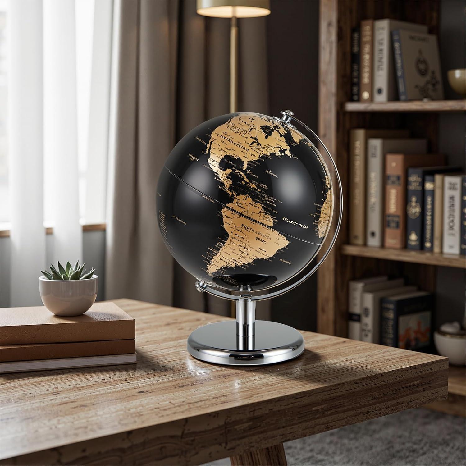Globo Terráqueo 20 cm Negro con Detalles Dorados - Soporte Metal