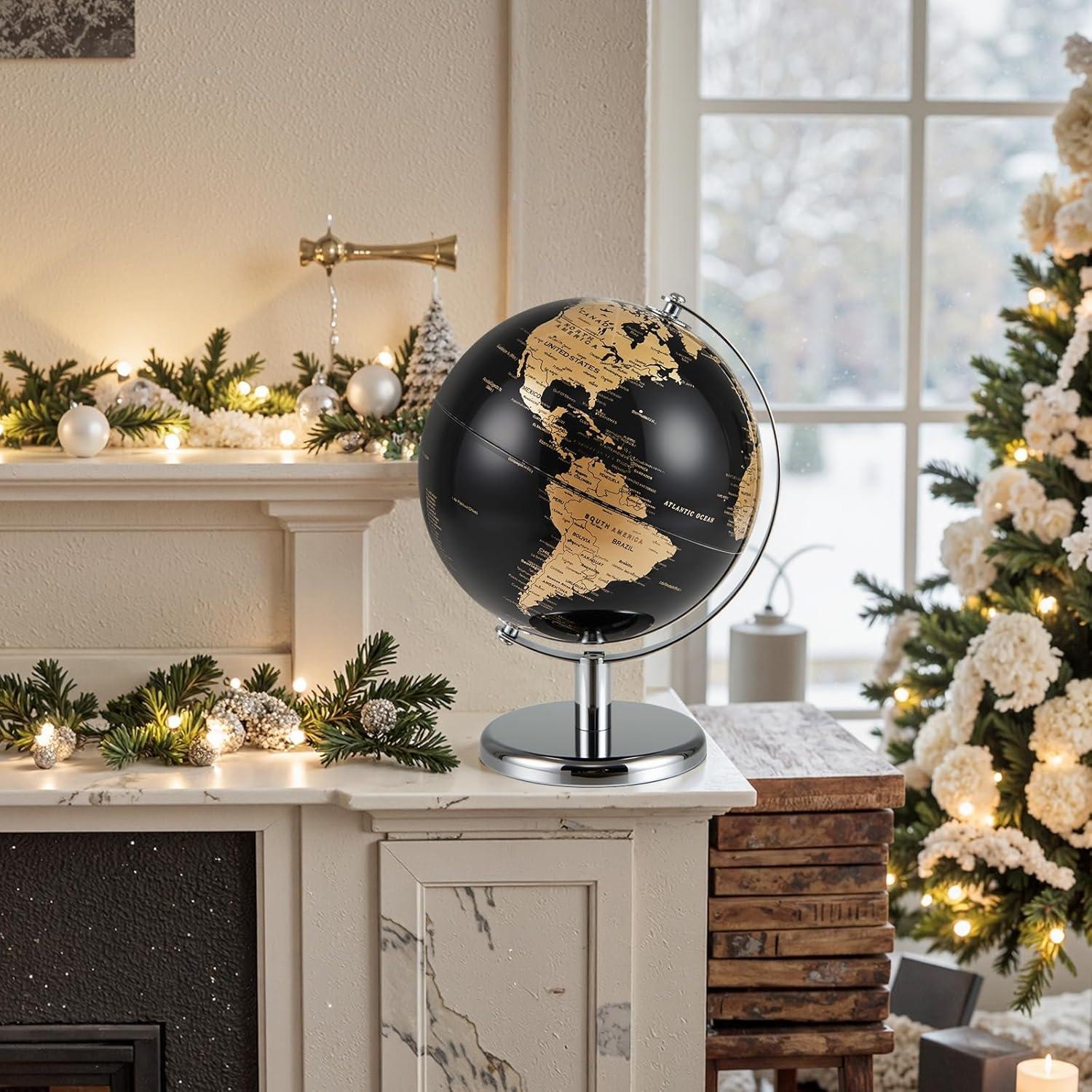 Globo Terráqueo 20 cm Negro con Detalles Dorados - Soporte Metal