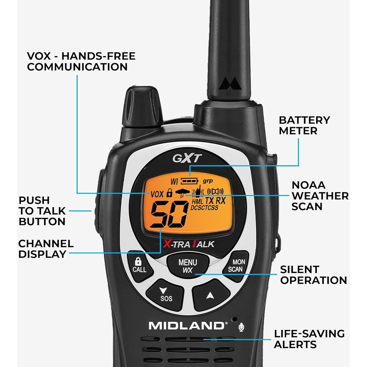 Walkie Talkie Midland GXT1000X3VP4 50 Canales y Alerta NOAA