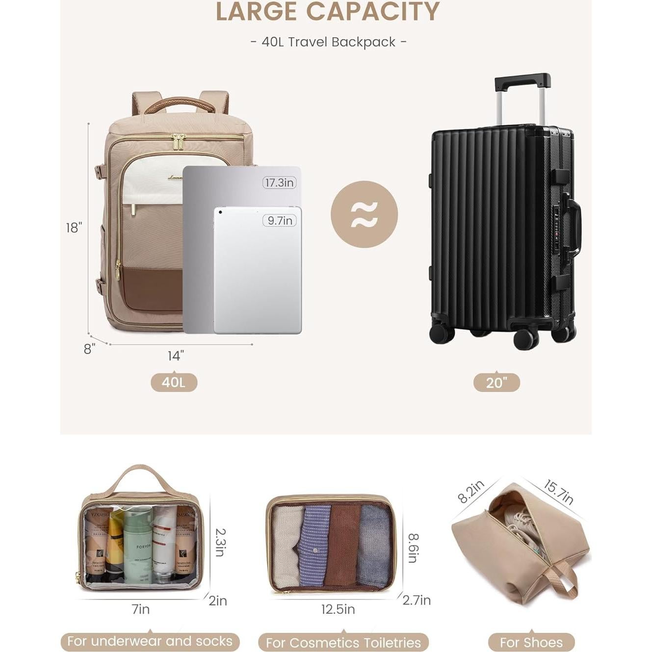 Mochila de Viaje LOVEVOOK 40L para Mujeres con Cubos de Empaque