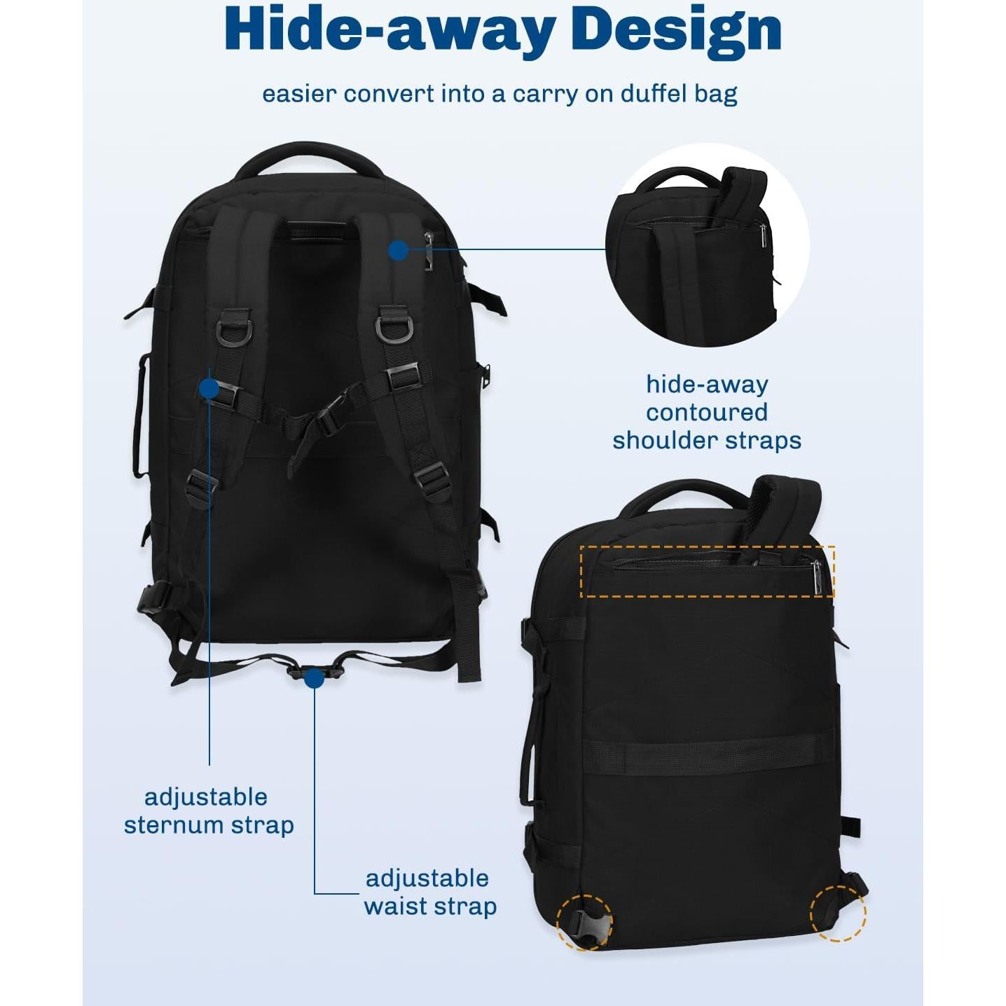 Mochila de Viaje Hynes Eagle 40L Aprobada para Vuelo Negra