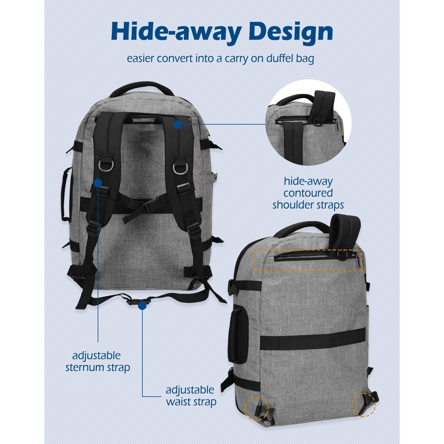 Mochila de Viaje Hynes Eagle 40L Aprobada para Vuelo Gris