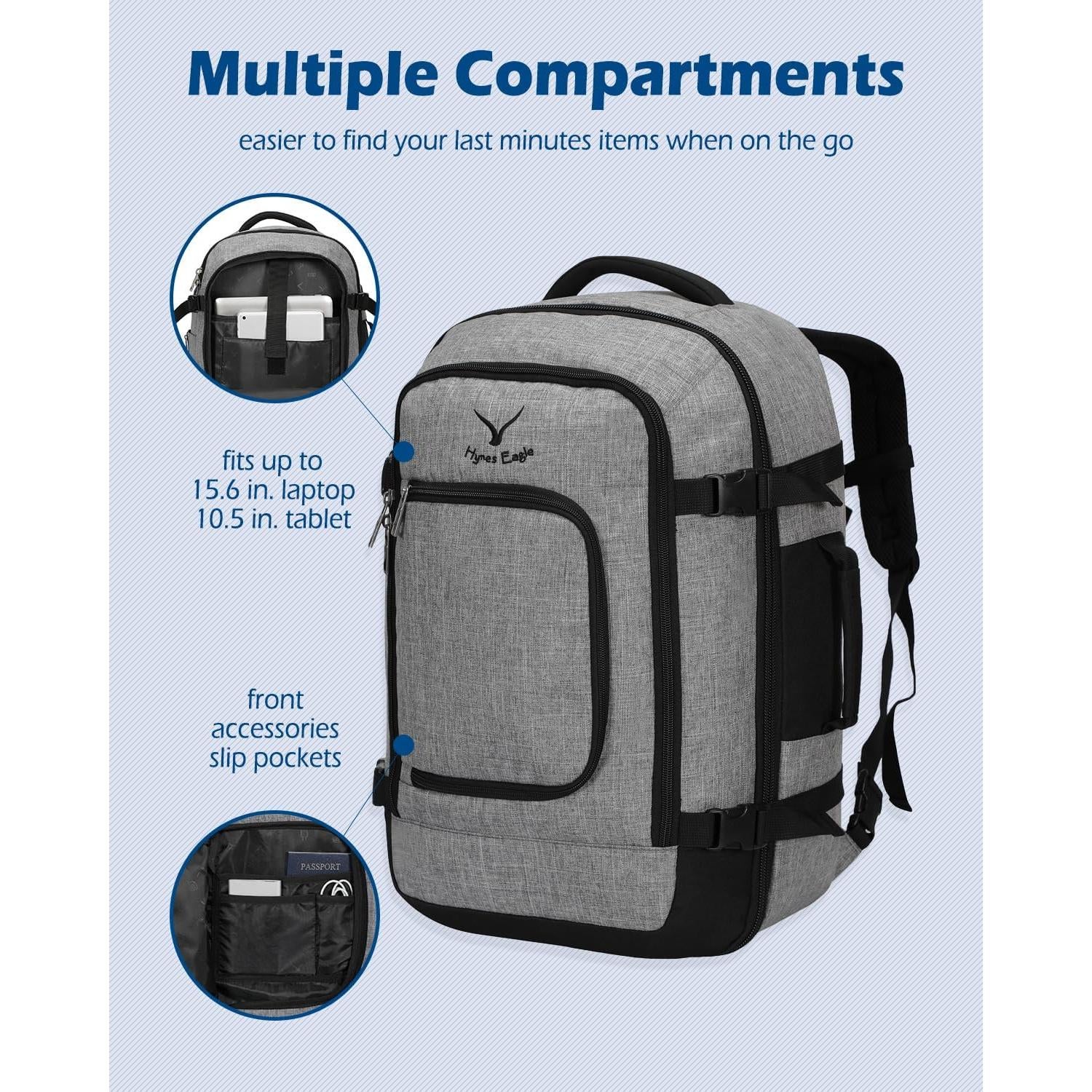 Mochila de Viaje Hynes Eagle 40L Aprobada para Vuelo Gris