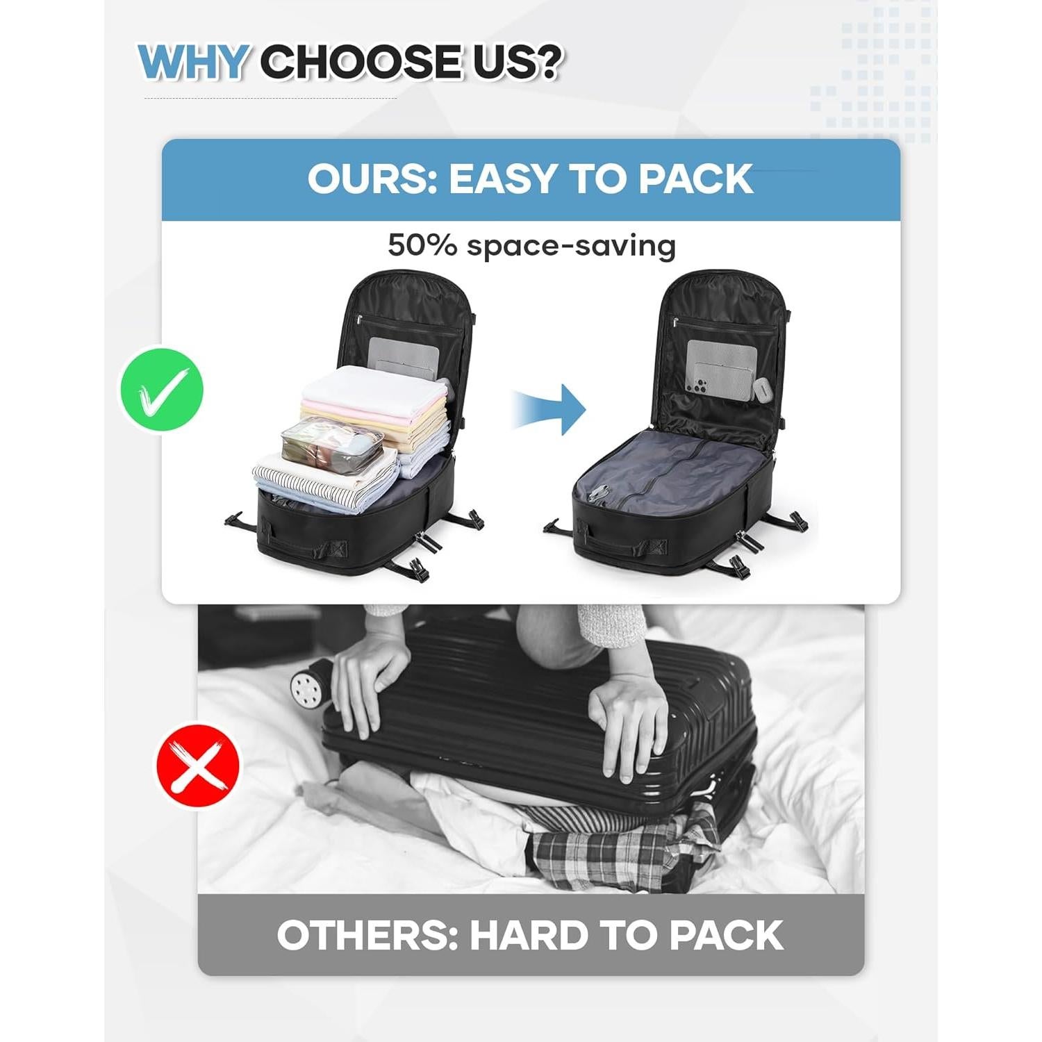 Mochila de Viaje con Vacío y Bomba, 45x35x20 cm, Negra