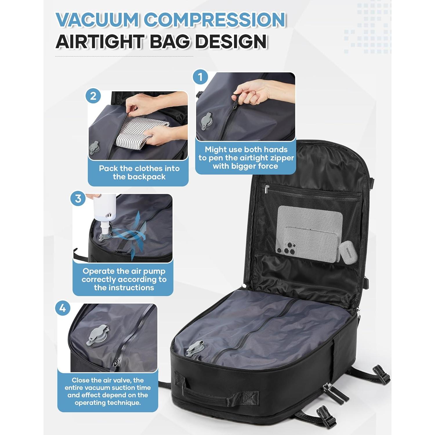 Mochila de Viaje con Vacío y Bomba, 45x35x20 cm, Negra