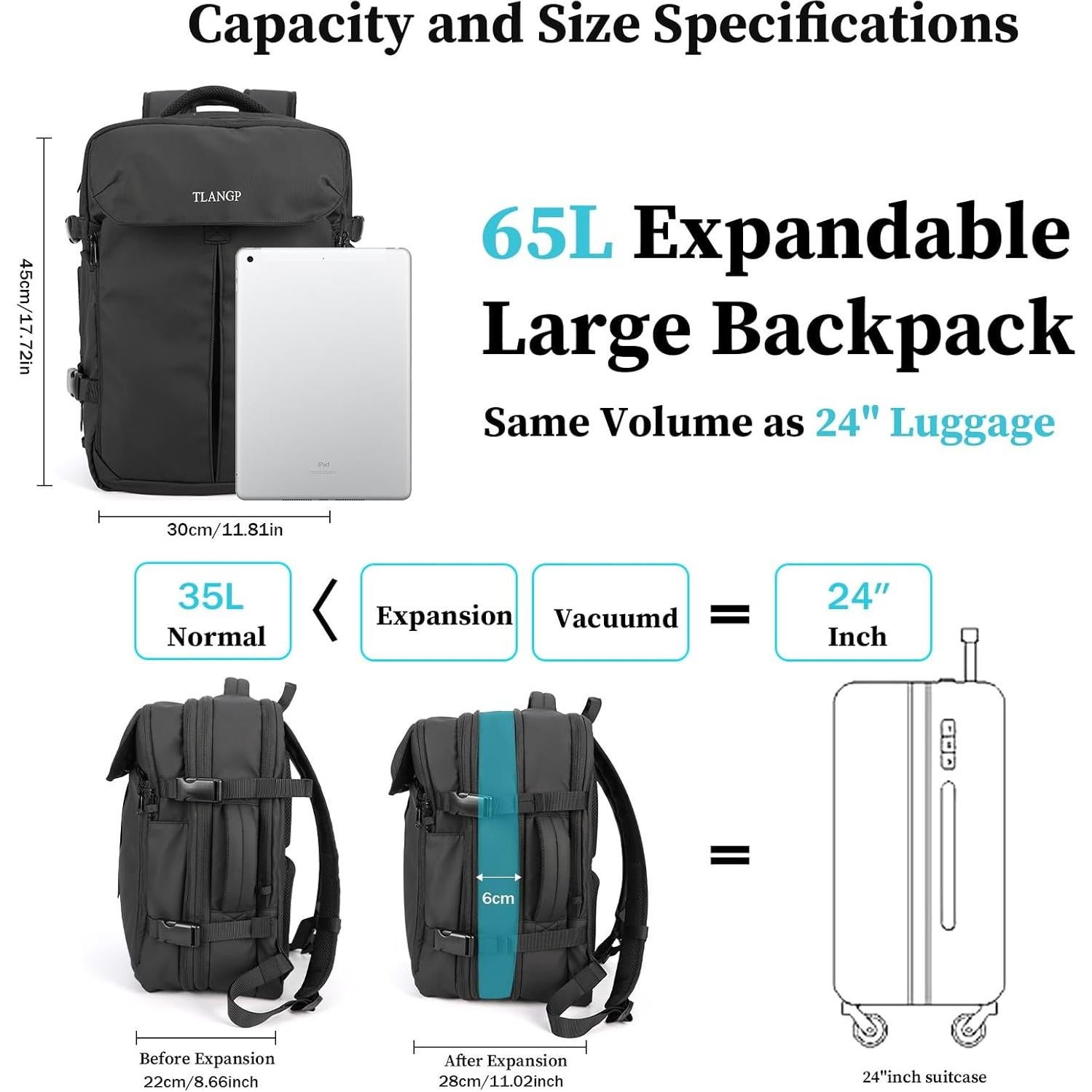 Mochila de Compresión al Vacío TLANGP 60L Impermeable Negra