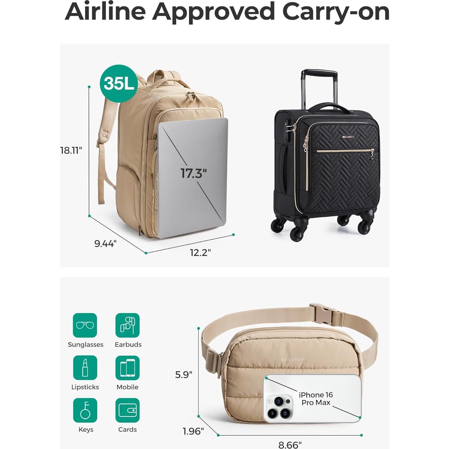 Mochila de Viaje 35L BAGSMART para Laptop 17.3" Resistente Agua