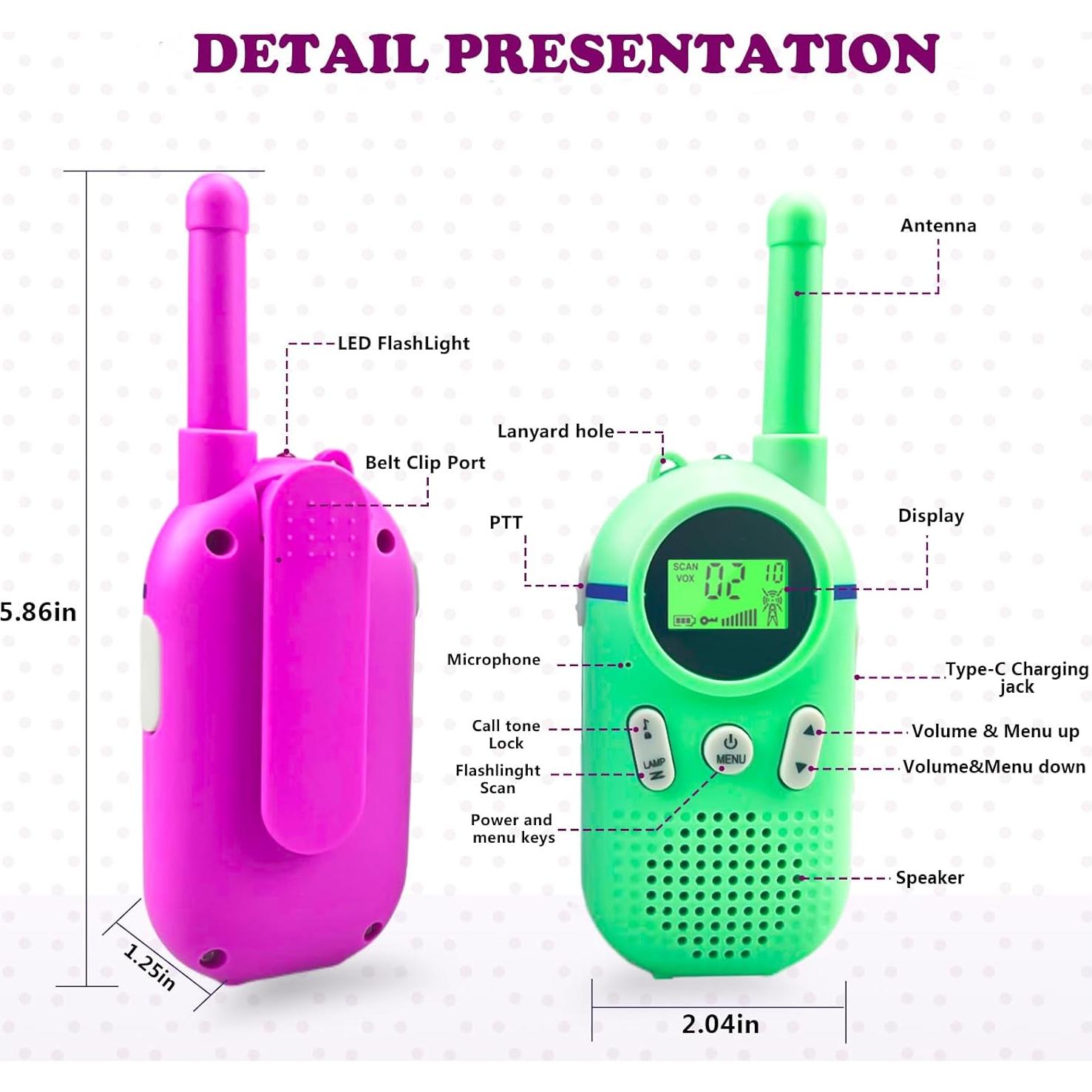 Walkie Talkies Recargables Wcfish para Niños 3Km Verde+Morado