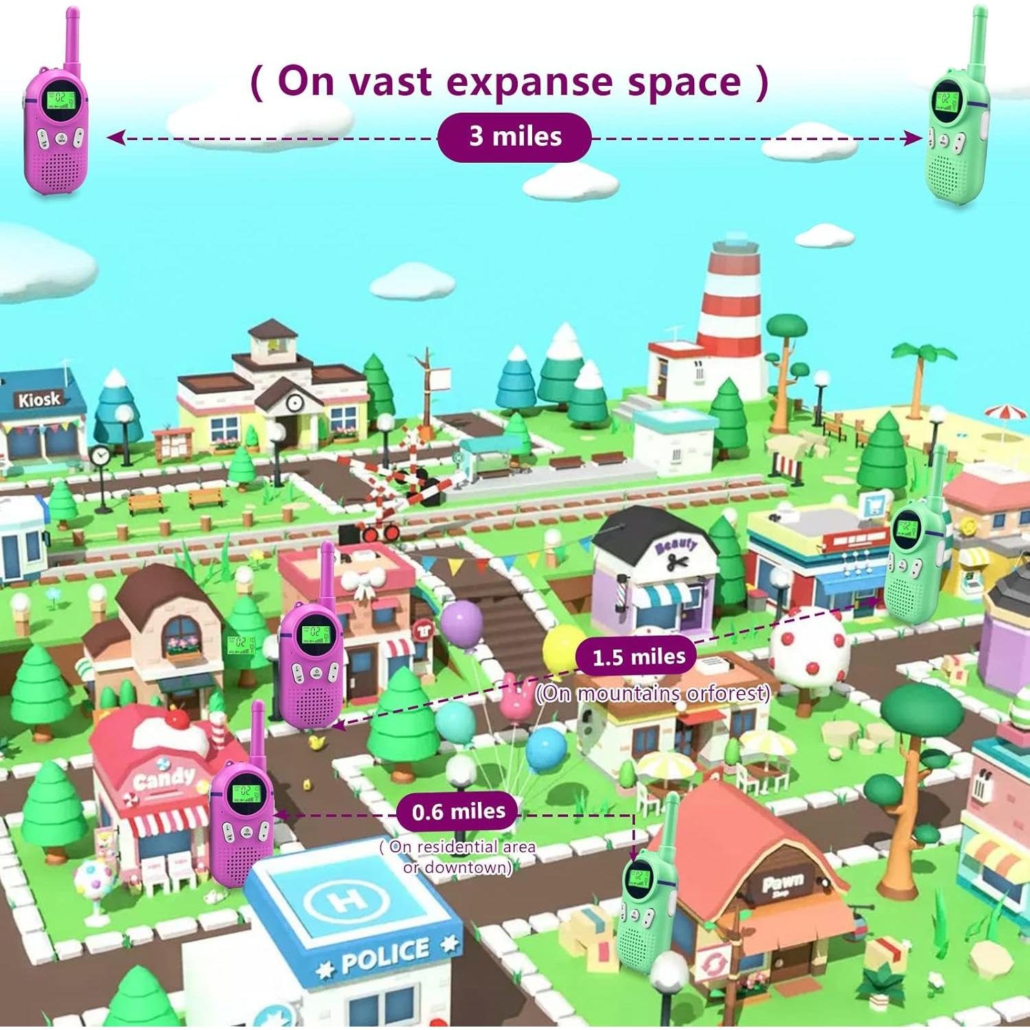 Walkie Talkies Recargables Wcfish para Niños 3Km Verde+Morado