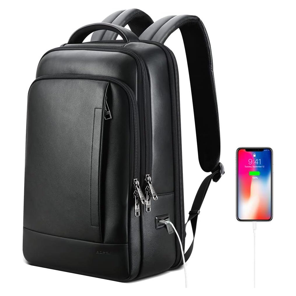 Mochila de Cuero Genuino BOPAI para Laptop 15.6" Antirrobo