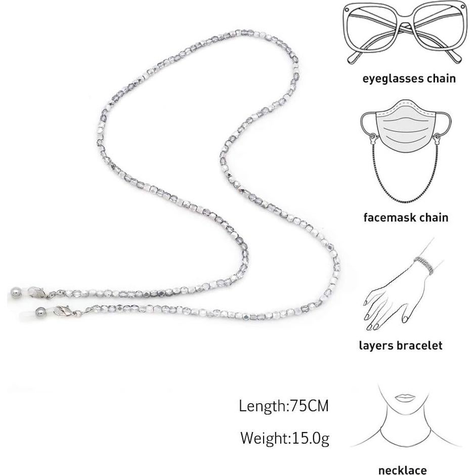 Cadena de Gafas KAI 70cm Cuentas de Vidrio Plateadas