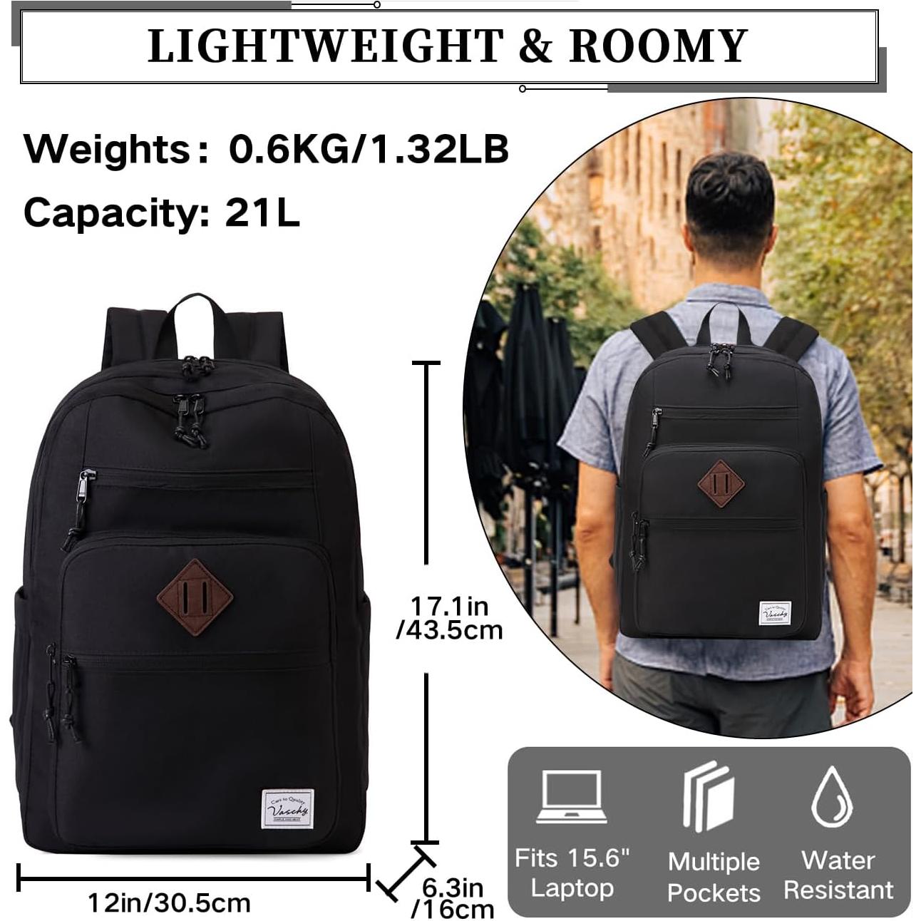 Mochila Escolar Unisex VASCHY Negra 21L para Libros y Viajes