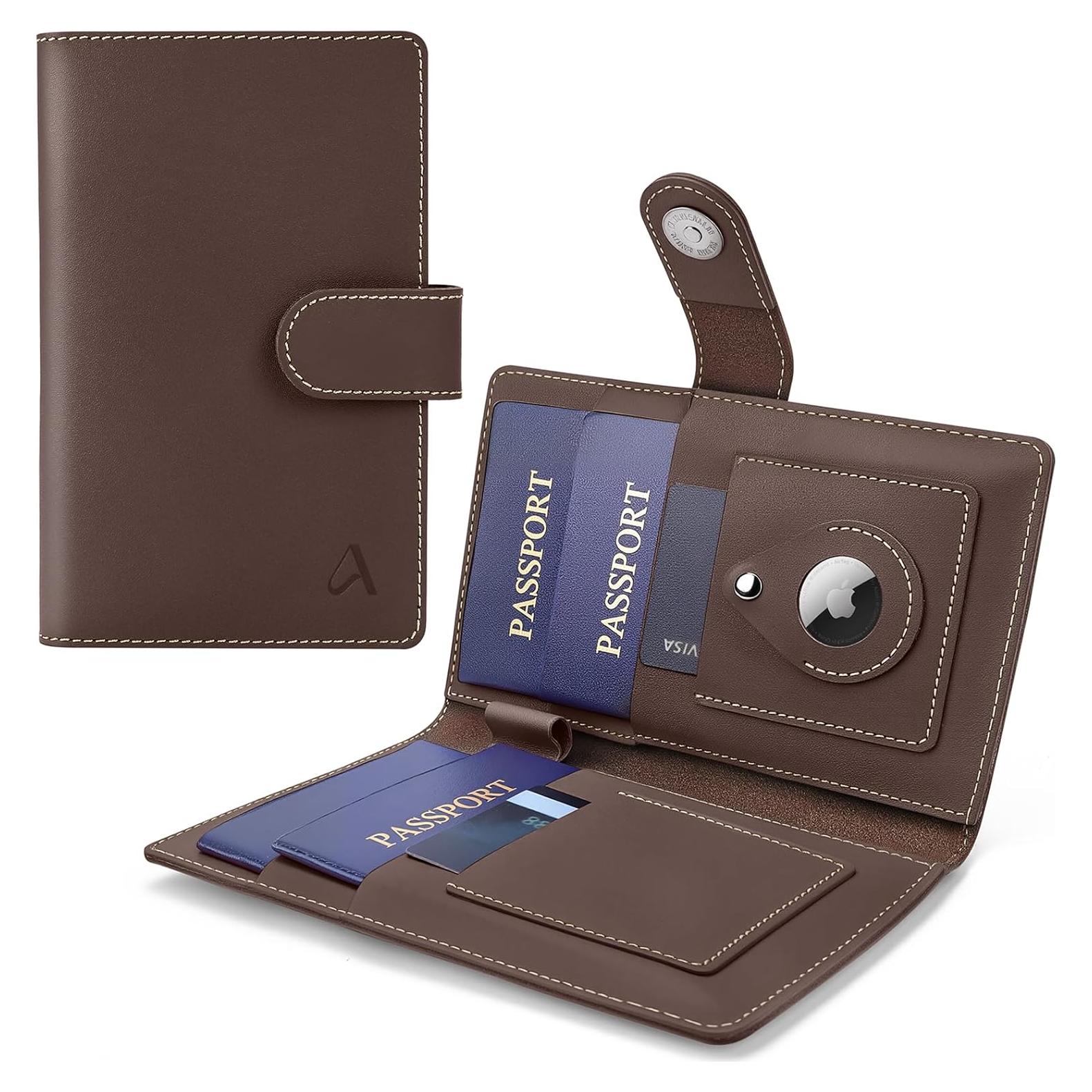 Portafolios Familiar ALLIVE para Pasaporte con Bloqueo RFID y AirTag - Marrón