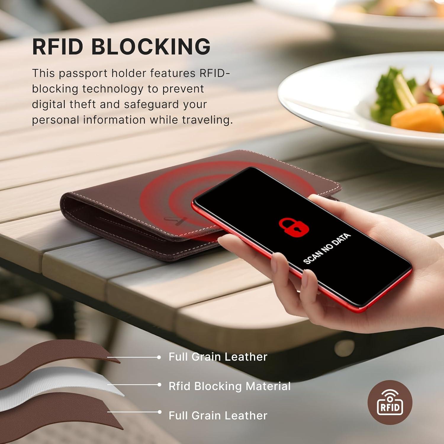 Portafolios Familiar ALLIVE para Pasaporte con Bloqueo RFID y AirTag - Marrón