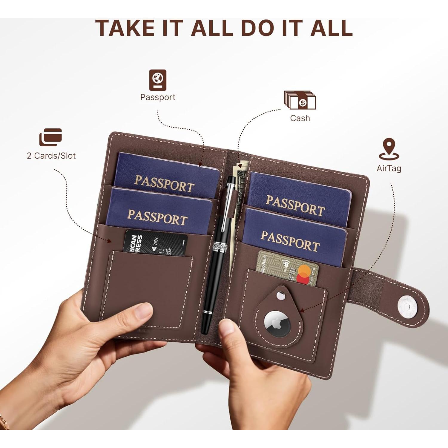 Portafolios Familiar ALLIVE para Pasaporte con Bloqueo RFID y AirTag - Marrón