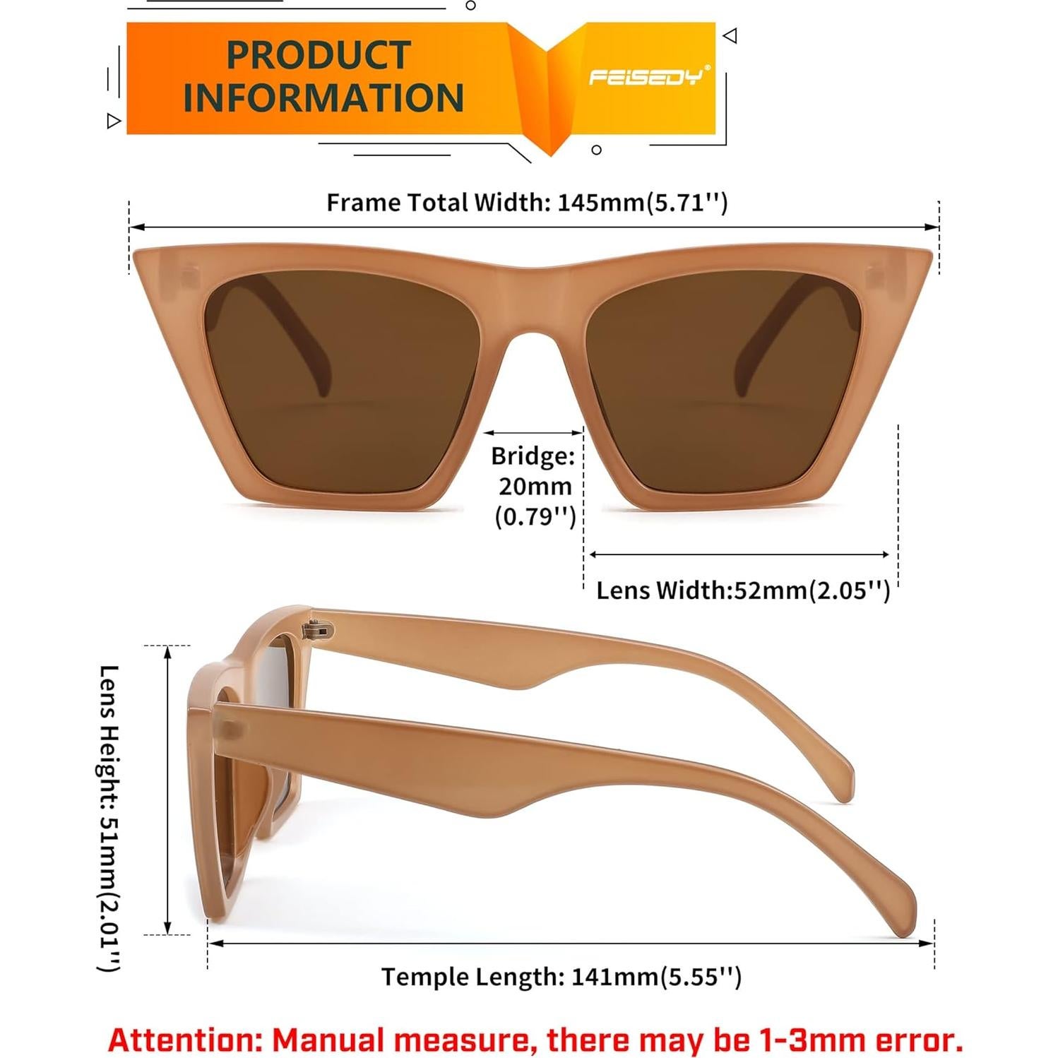 Gafas de sol cuadradas FEISEDY UV400 para mujer marrón