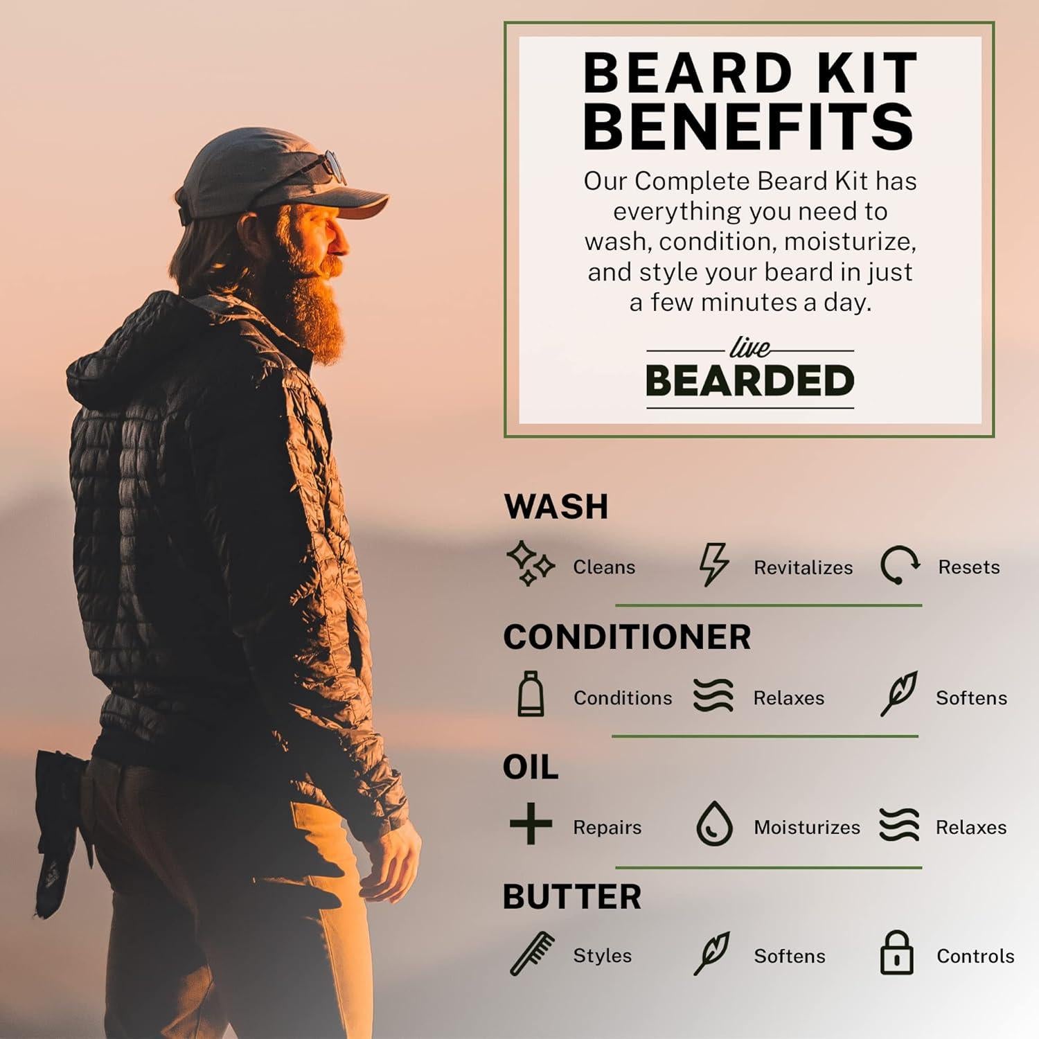 Kit Cuidado de Barba Live Bearded - Jabón, Aceite, Acondicionador