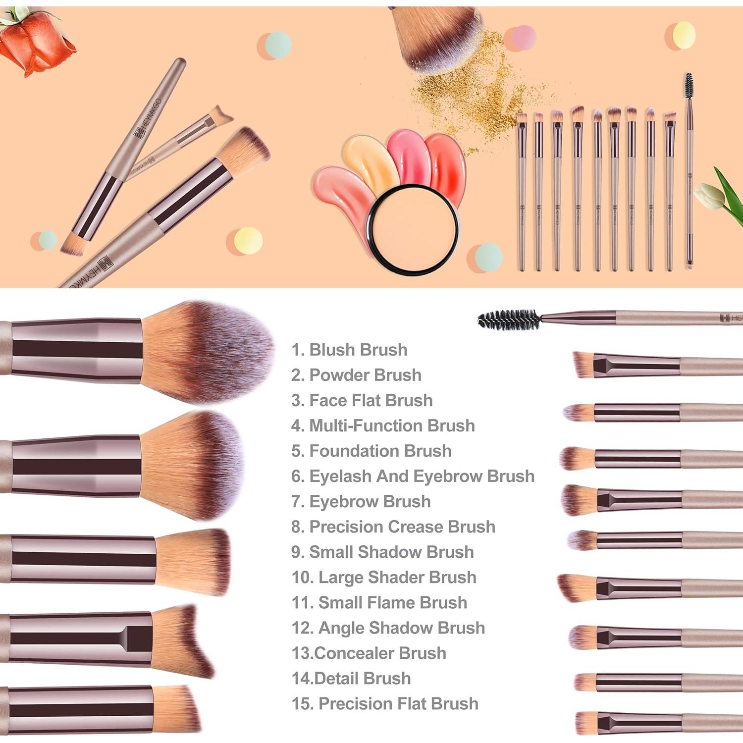 Juego de Brochas de Maquillaje HEYMKGO 15PCS Champagne Gold