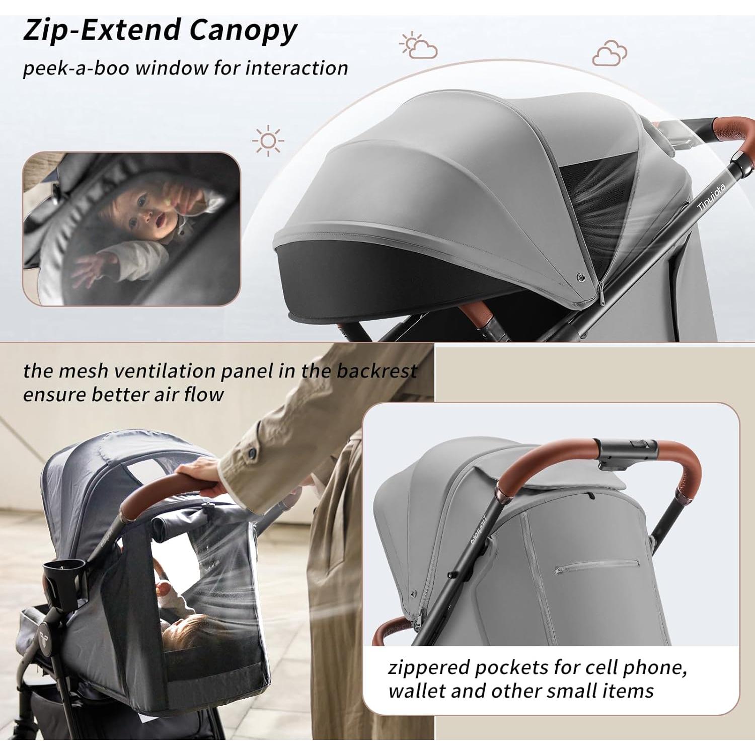 Carrito de Bebé Tinyiota Plegable con Capota UPF 50+ Gris