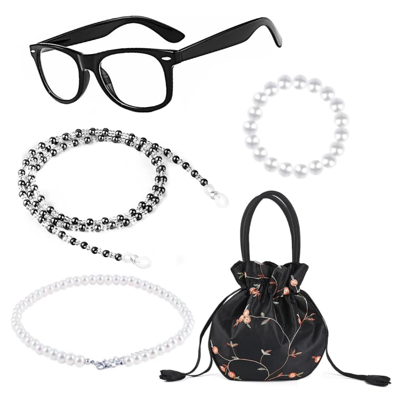 Disfraz de Anciana 5 Piezas Gafas Collar Pulsera