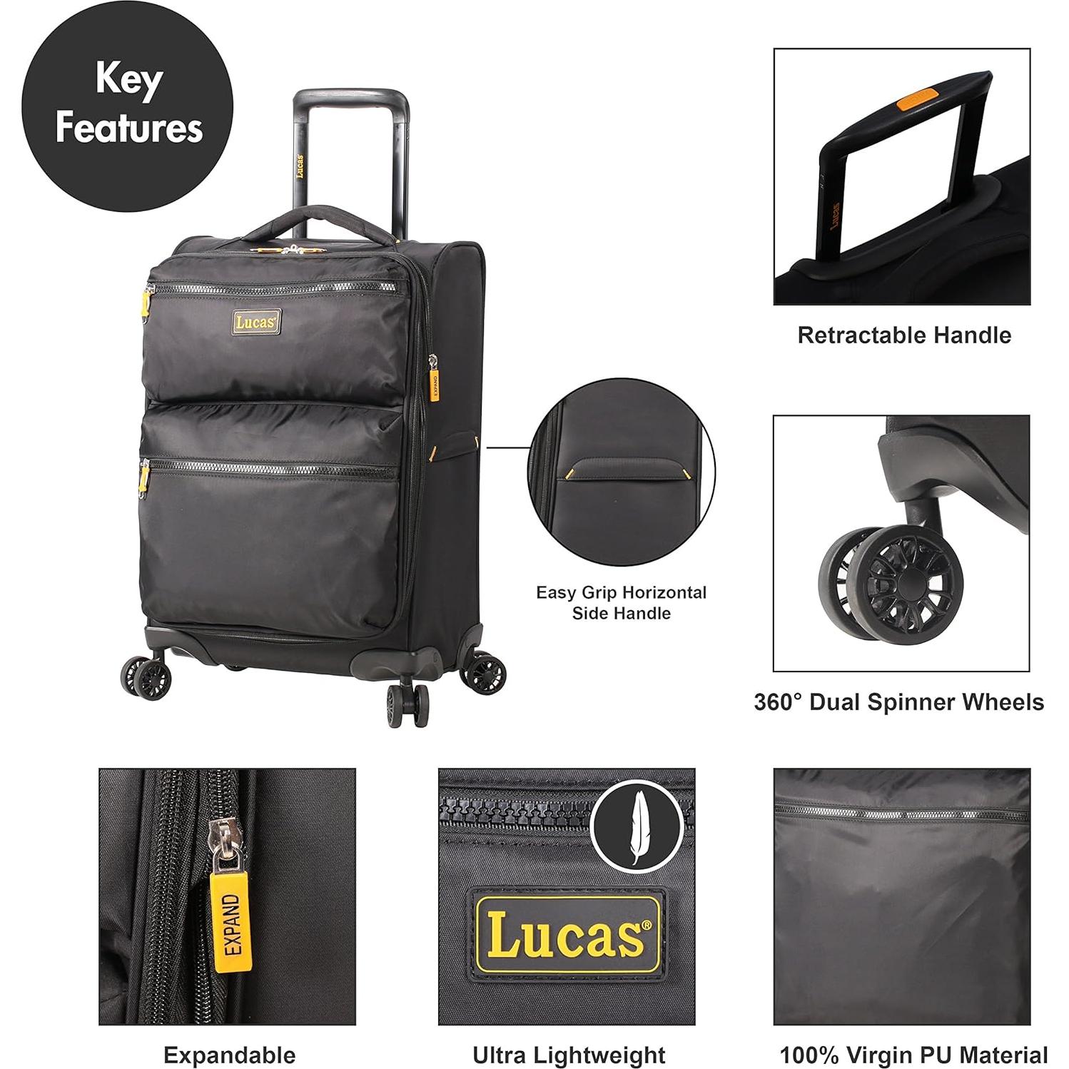 Maleta Suave Expandible Lucas 22.8" Negra - 8 Ruedas Giratorias