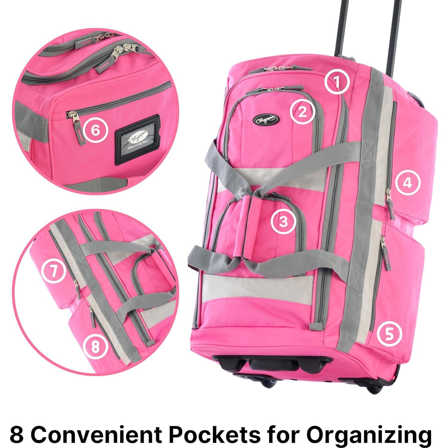 Bolsa de viaje rodante Olympia U.S.A. 22" Rosa 8 bolsillos