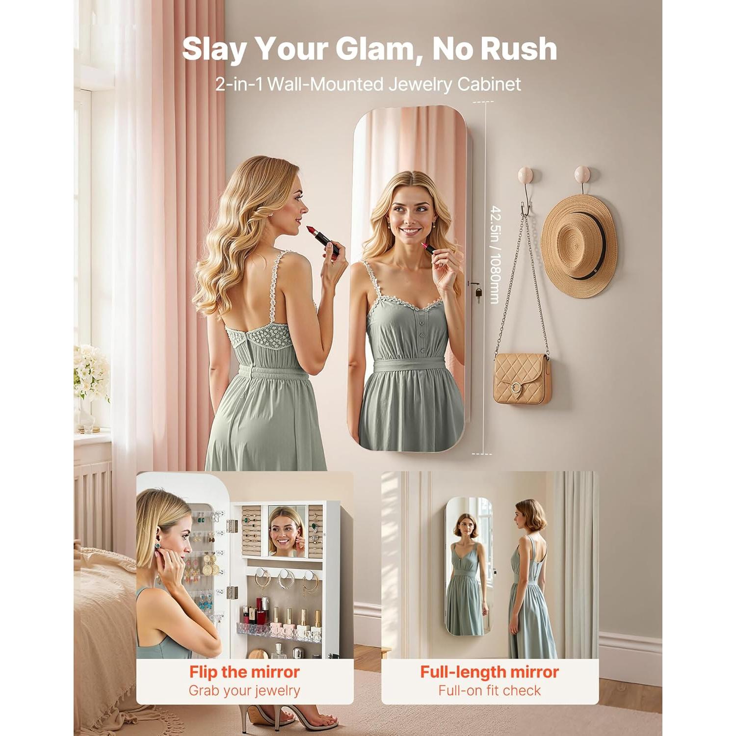 Armario de Joyería VEVOR 108 cm Blanco con Espejo y Almacenamiento