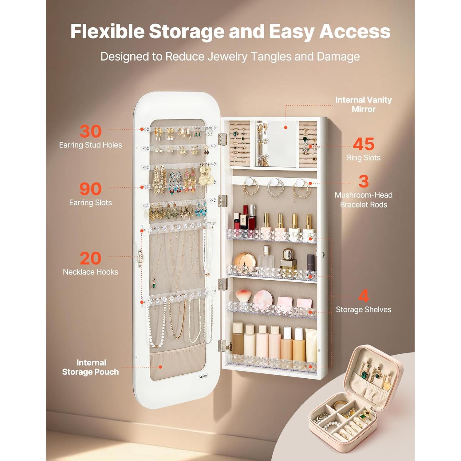 Armario de Joyería VEVOR 108 cm Blanco con Espejo y Almacenamiento