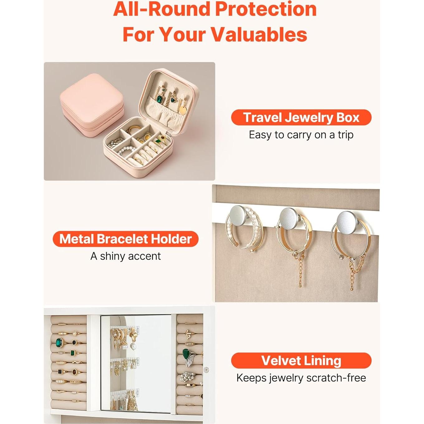 Armario de Joyería VEVOR 108 cm Blanco con Espejo y Almacenamiento