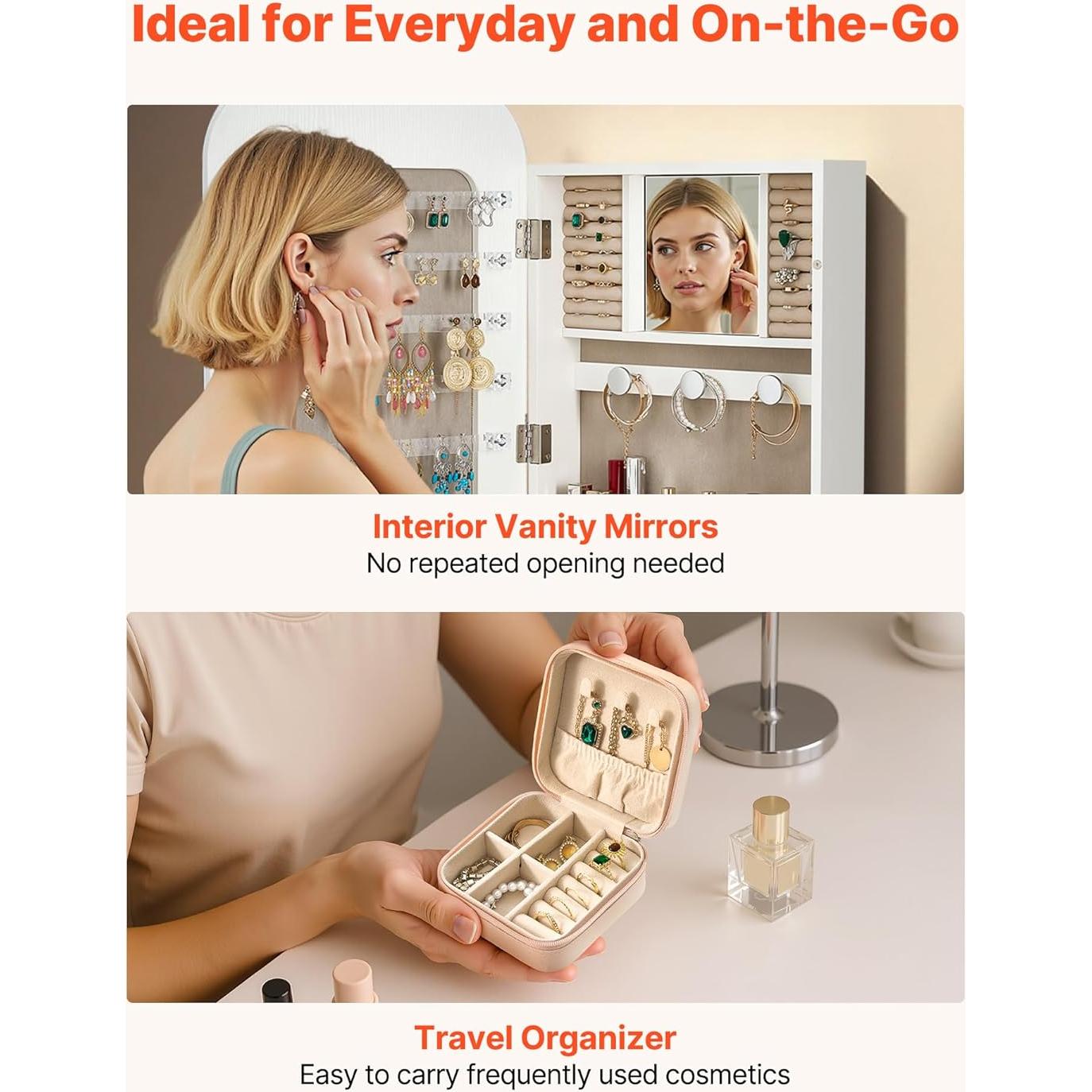 Armario de Joyería VEVOR 108 cm Blanco con Espejo y Almacenamiento