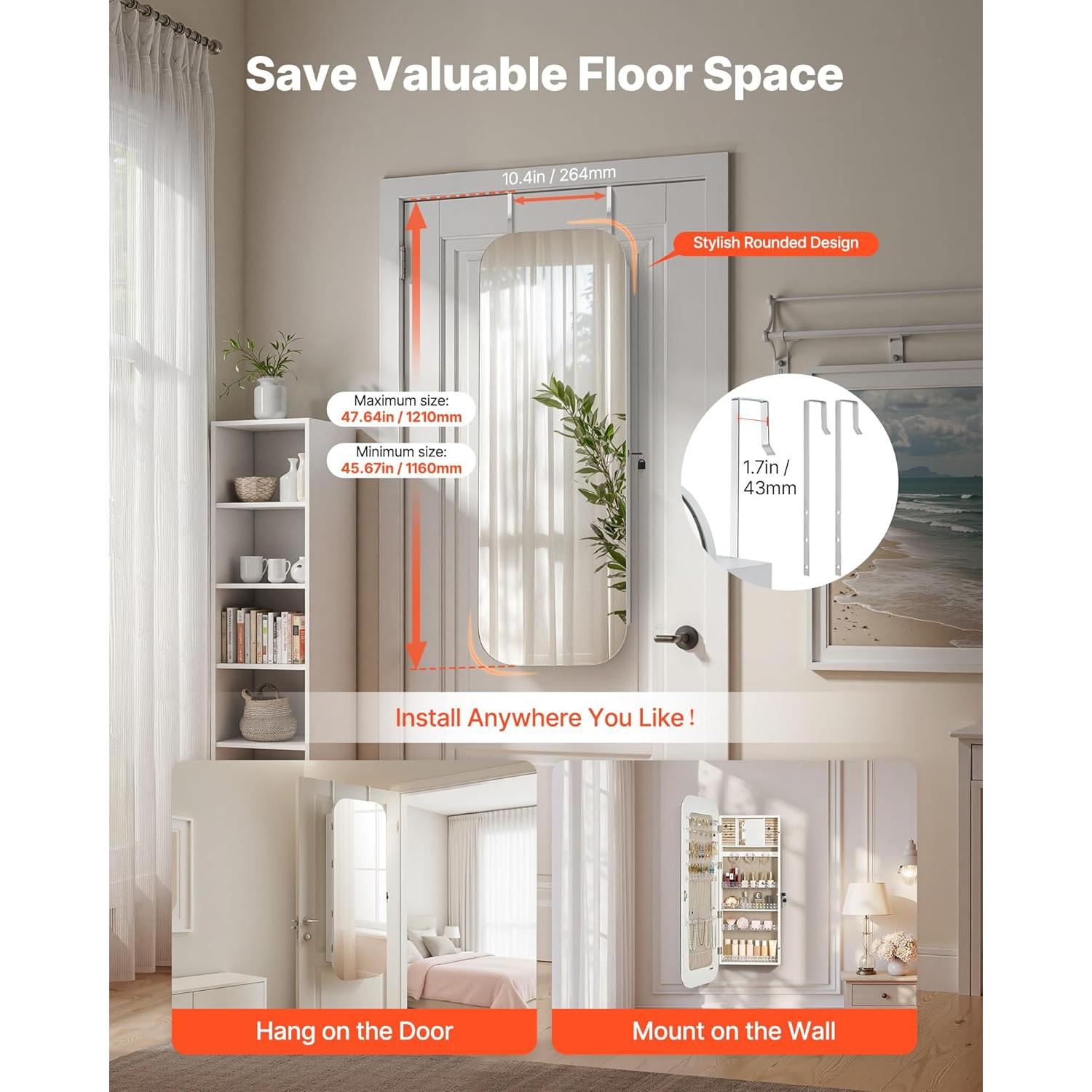 Armario de Joyería VEVOR 108 cm Blanco con Espejo y Almacenamiento