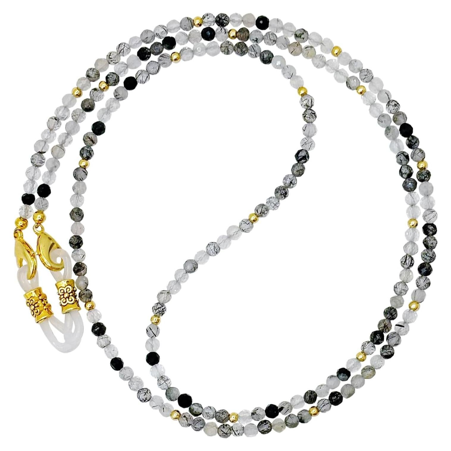 Cadena de Gafas Elegante con Perlas y Cuarzo Negro Rutilado