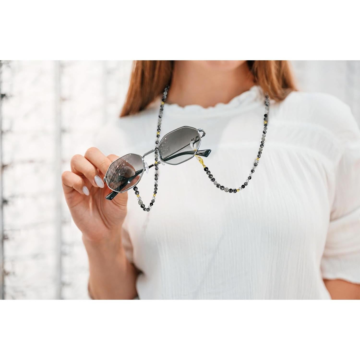 Cadena de Gafas Elegante con Perlas y Cuarzo Negro Rutilado