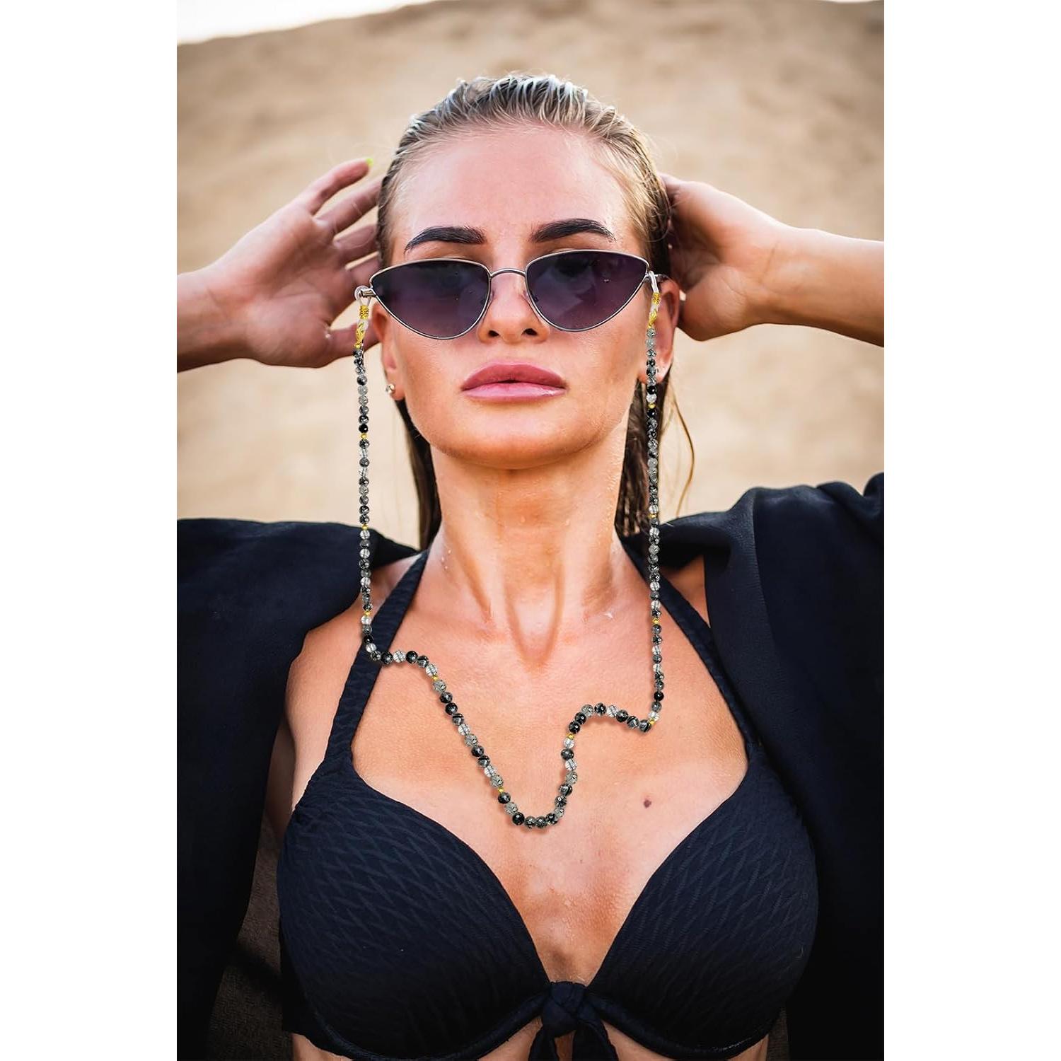 Cadena de Gafas Elegante con Perlas y Cuarzo Negro Rutilado