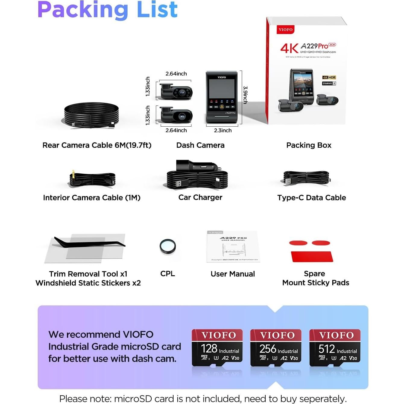 Cámara Dash VIOFO A229 Pro 3CH 4K Triple Automóvil