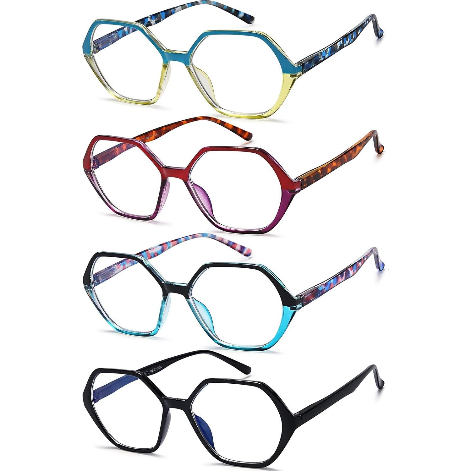 EYEURL Reading Glasses for Women 4-Pack Blue Light Blocking Reading Glasses Vintage Design Diamond-Shaped Frame Spring Hinge Readers Anti Glare Filter Lightweight Eyeglasses,0.0