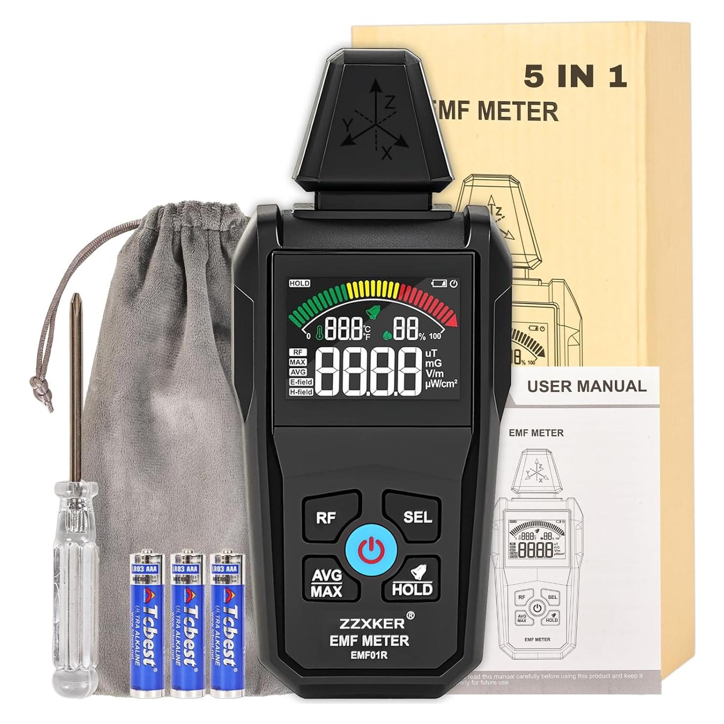 Detector de Radiación EMF 5-en-1 Zzxker - Campo Eléctrico, Magnético, RF, Temperatura y Humedad