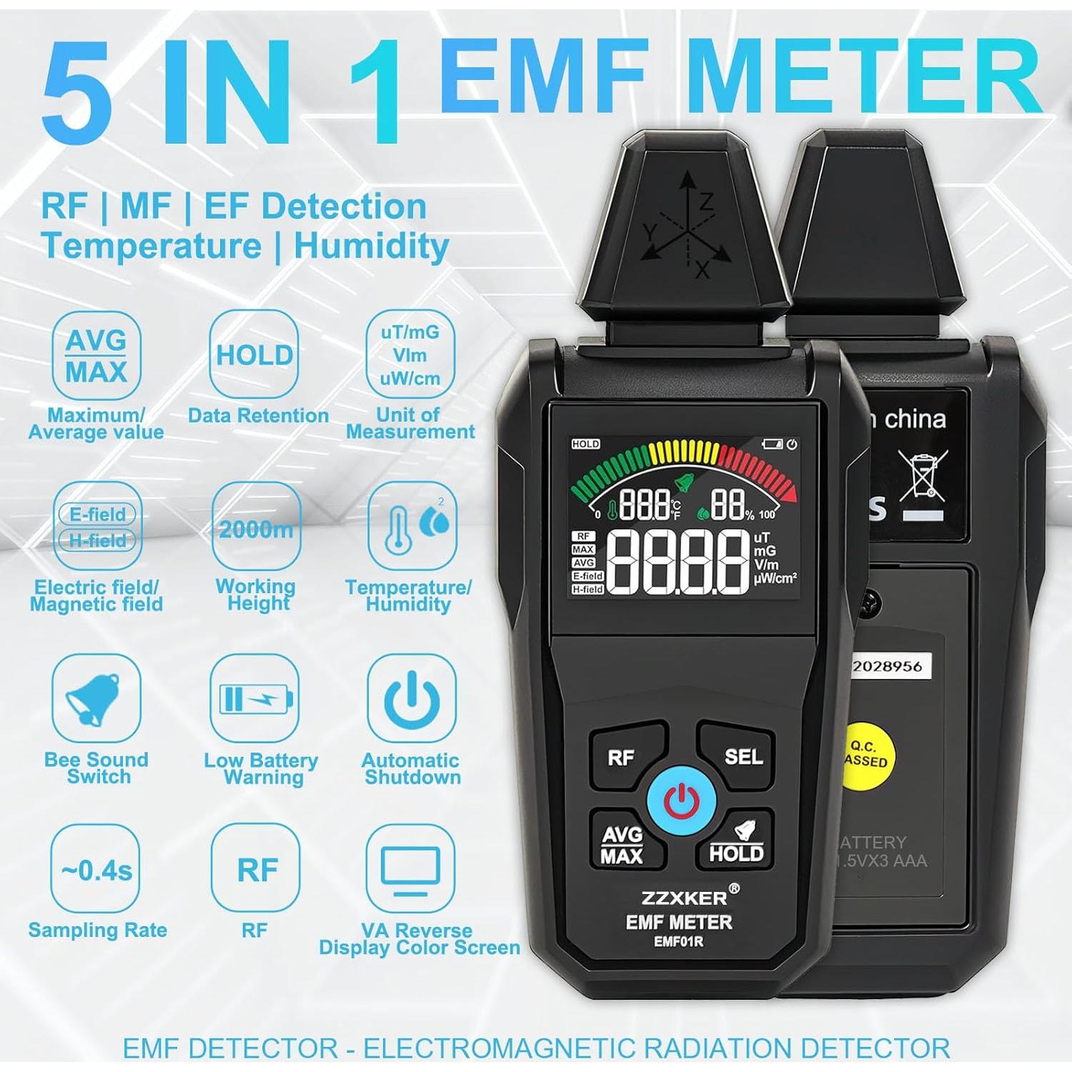 Detector de Radiación EMF 5-en-1 Zzxker - Campo Eléctrico, Magnético, RF, Temperatura y Humedad