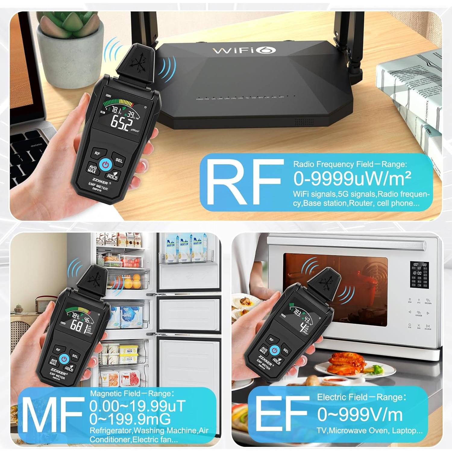 Detector de Radiación EMF 5-en-1 Zzxker - Campo Eléctrico, Magnético, RF, Temperatura y Humedad