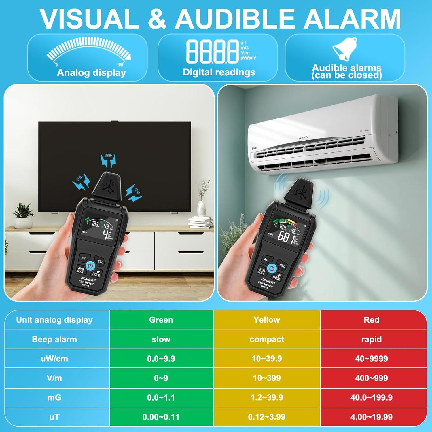 Detector de Radiación EMF 5-en-1 Zzxker - Campo Eléctrico, Magnético, RF, Temperatura y Humedad
