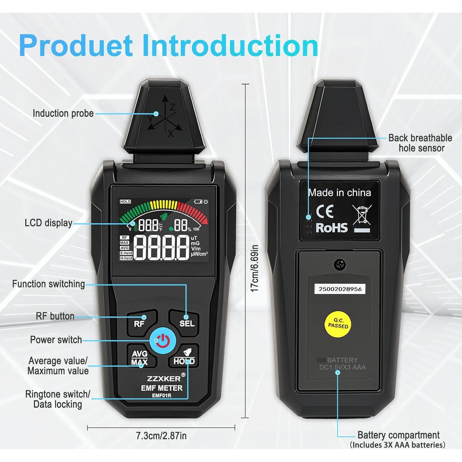Detector de Radiación EMF 5-en-1 Zzxker - Campo Eléctrico, Magnético, RF, Temperatura y Humedad