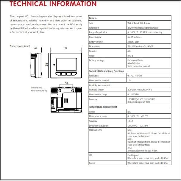 Termómetro Higrómetro Digital Rotronic HD1 - Pantalla LCD con Alarma
