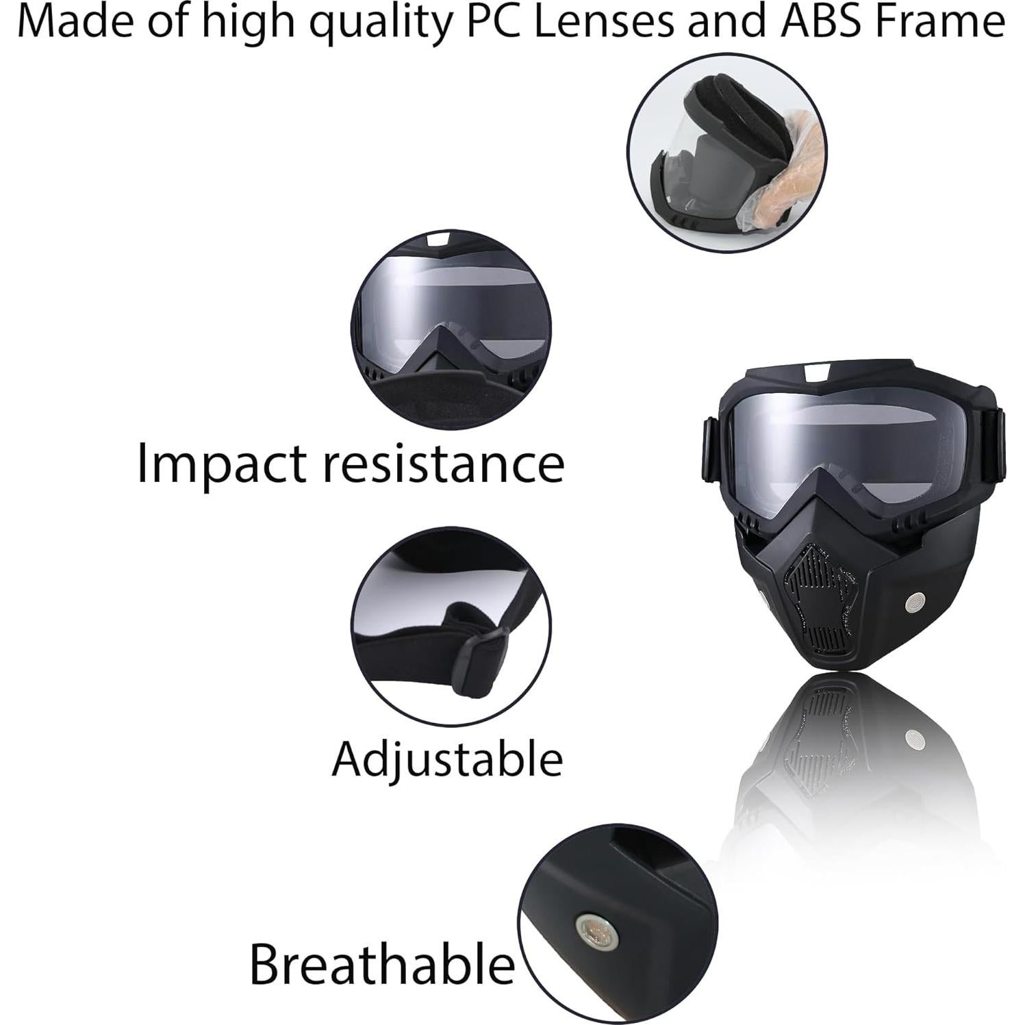 Gafas de Moto con Máscara Facial Removible - Negro Lente Clara