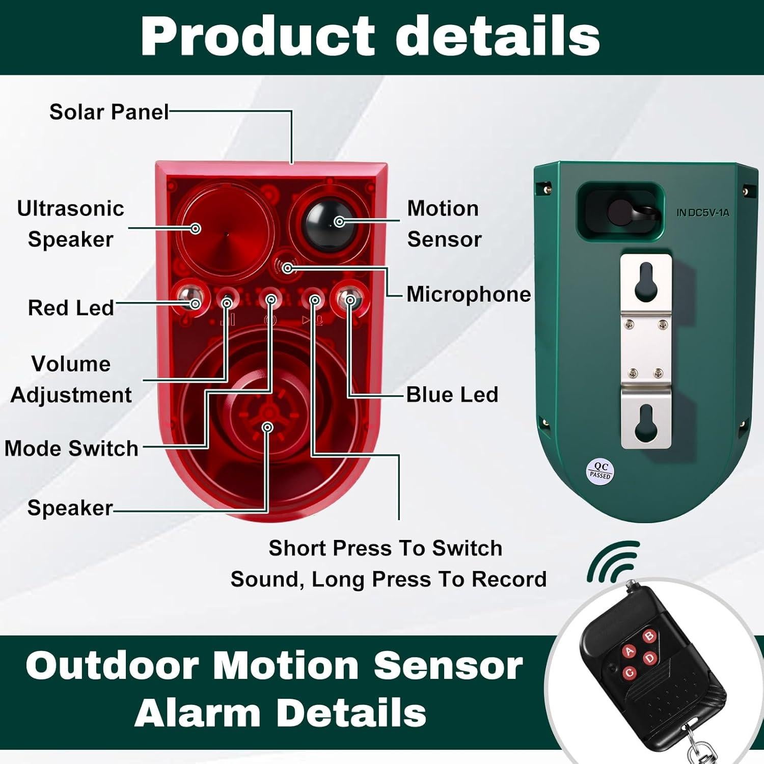 Qualirey Alarma de Movimiento Solar 2 Pack 130dB Rojo